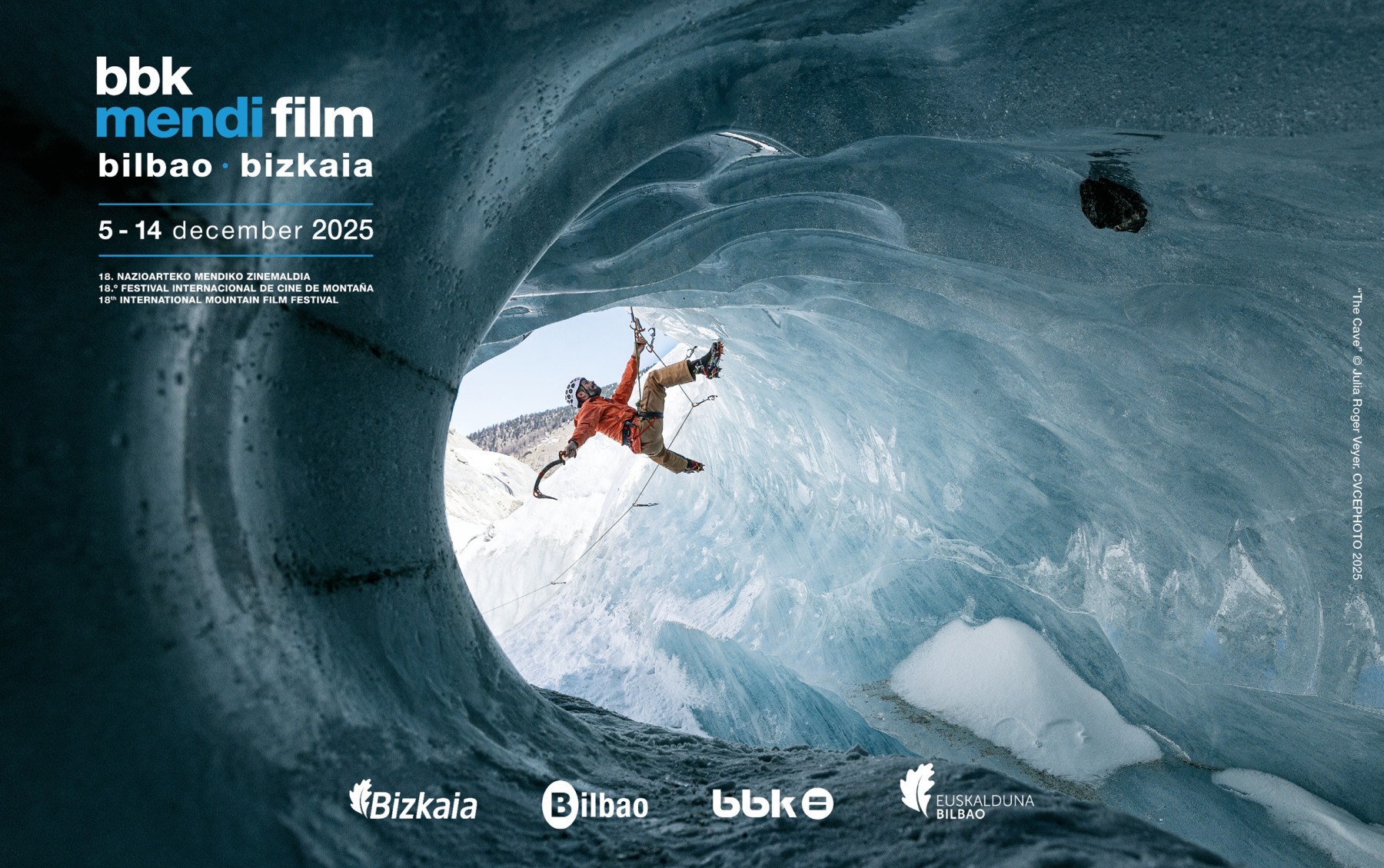 The figure of a climber at a glacial cave is the main image of BBK Mendi Film Bilbao Bizkaia 2025